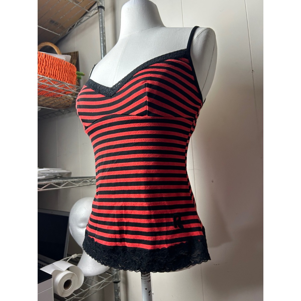 VTG Y2K Red Black Striped Lace Trim Tank Top Mall Goth Grunge Punk Alt 2000s - Picture 3 of 7